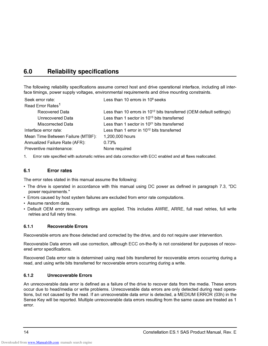 Seagate ST2000NM0021, ST1000NM0001 manual Reliability specifications, Error rates, Recoverable Errors, Unrecoverable Errors 