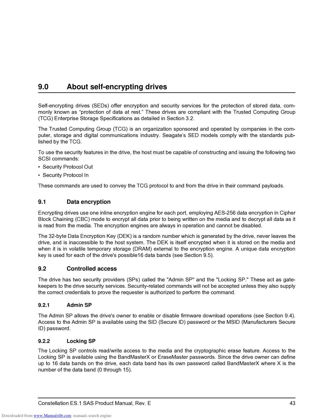 Seagate ST500NM0041, ST1000NM0001 About self-encrypting drives, Data encryption, Controlled access, Admin SP, Locking SP 