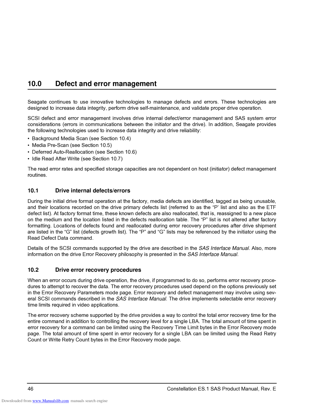 Seagate ST1000NM0001 manual Defect and error management, Drive internal defects/errors, Drive error recovery procedures 