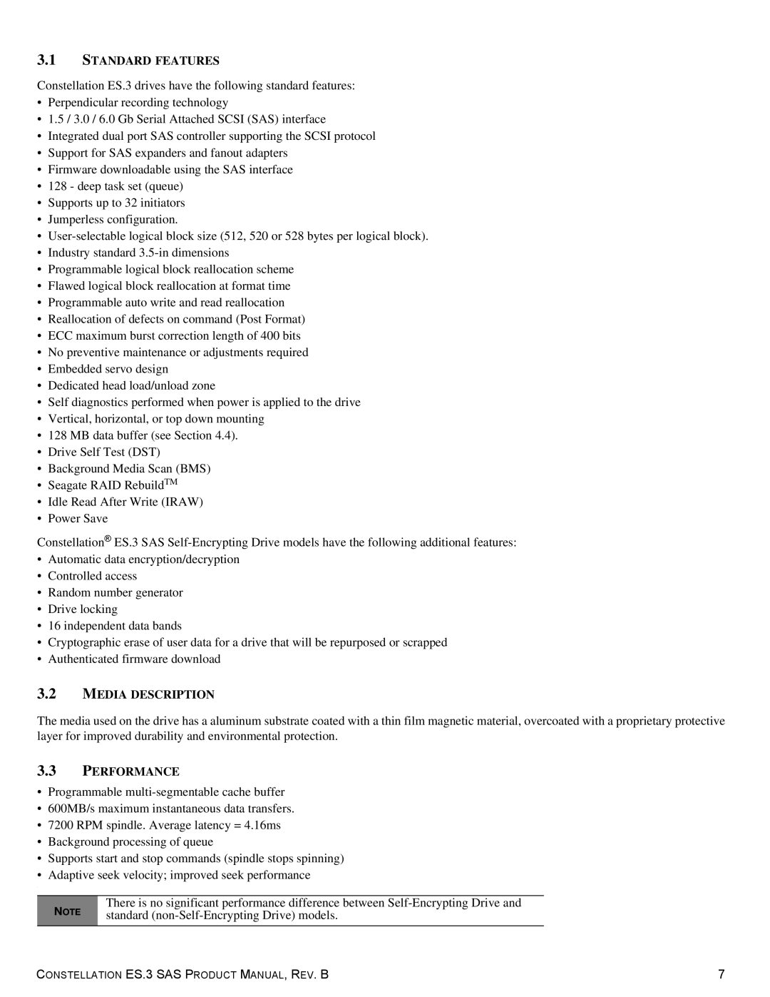 Seagate ST1000NM0033 manual Standard Features, Media Description, Performance 