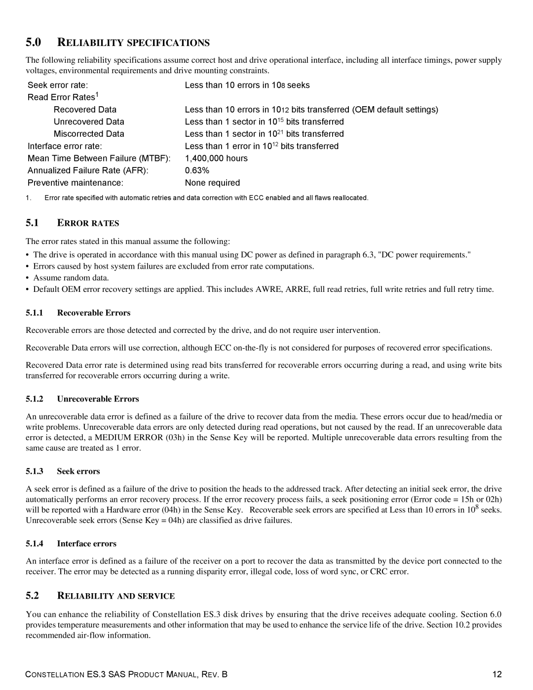 Seagate ST1000NM0033 manual Reliability Specifications, Error Rates, Reliability and Service 