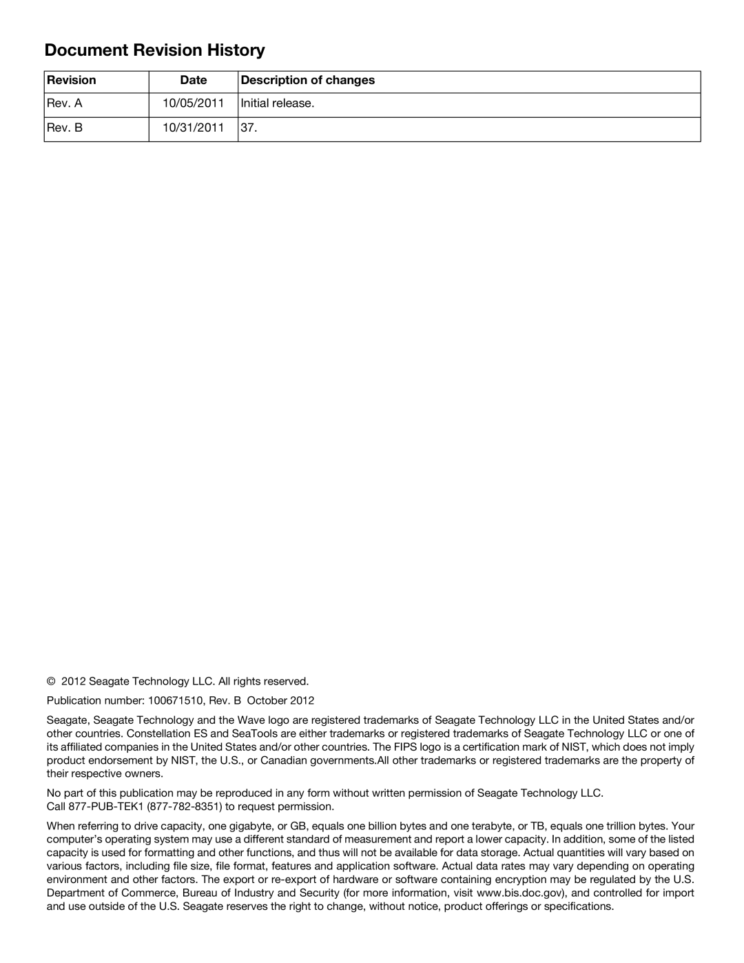 Seagate ST1000NM0033 manual Document Revision History 