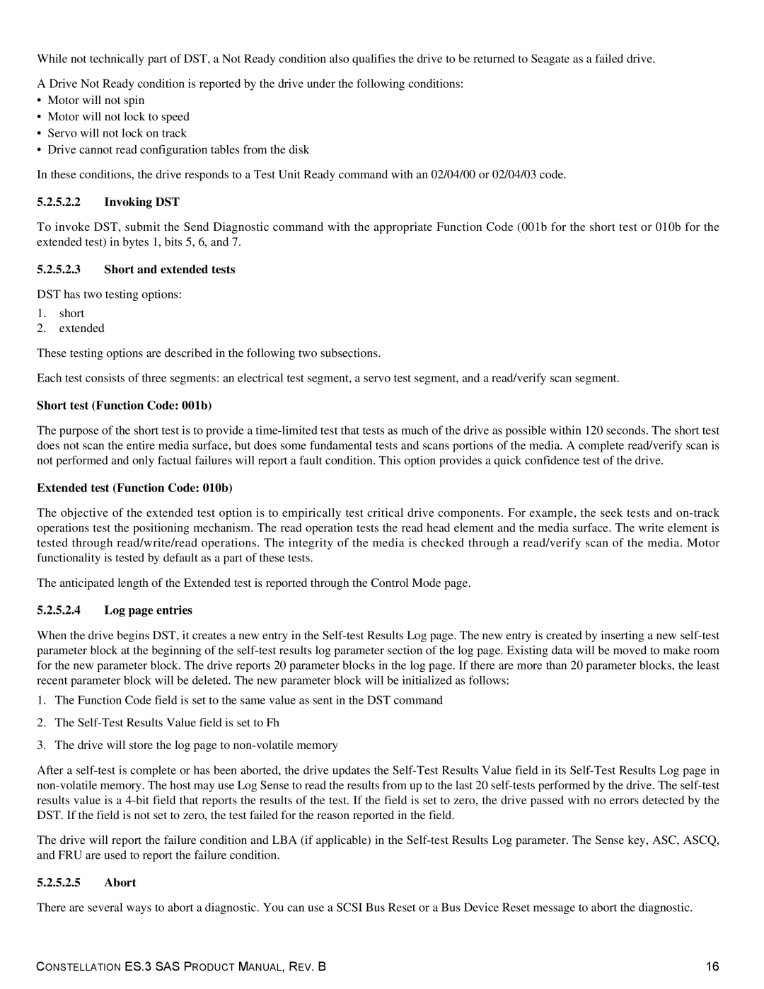 Seagate ST1000NM0033 manual Invoking DST, Short and extended tests, Short test Function Code 001b, Log page entries, Abort 