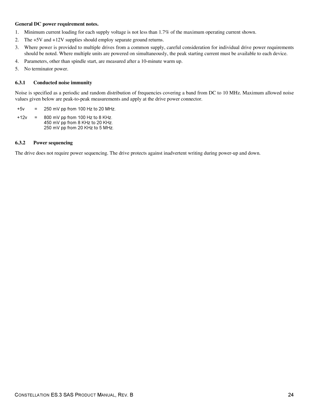 Seagate ST1000NM0033 manual General DC power requirement notes, Conducted noise immunity, Power sequencing 