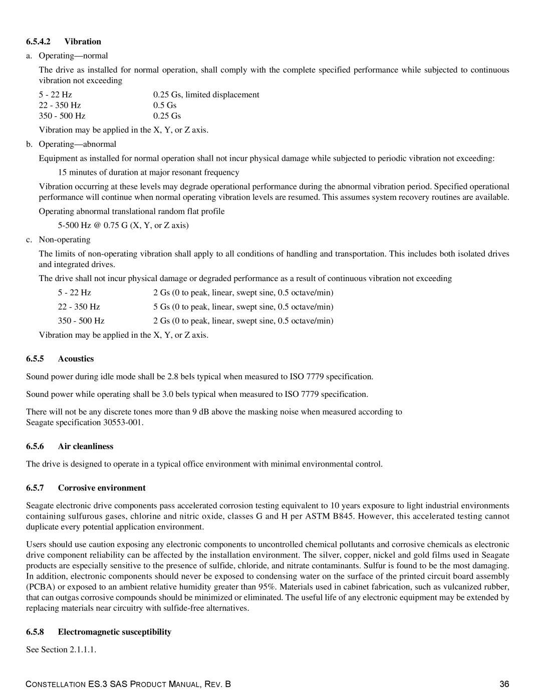Seagate ST1000NM0033 manual Vibration, Acoustics, Air cleanliness, Corrosive environment 