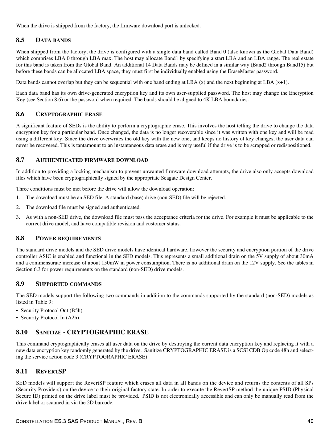Seagate ST1000NM0033 manual Data Bands, Cryptographic Erase, Authenticated Firmware Download, Power Requirements, Revertsp 