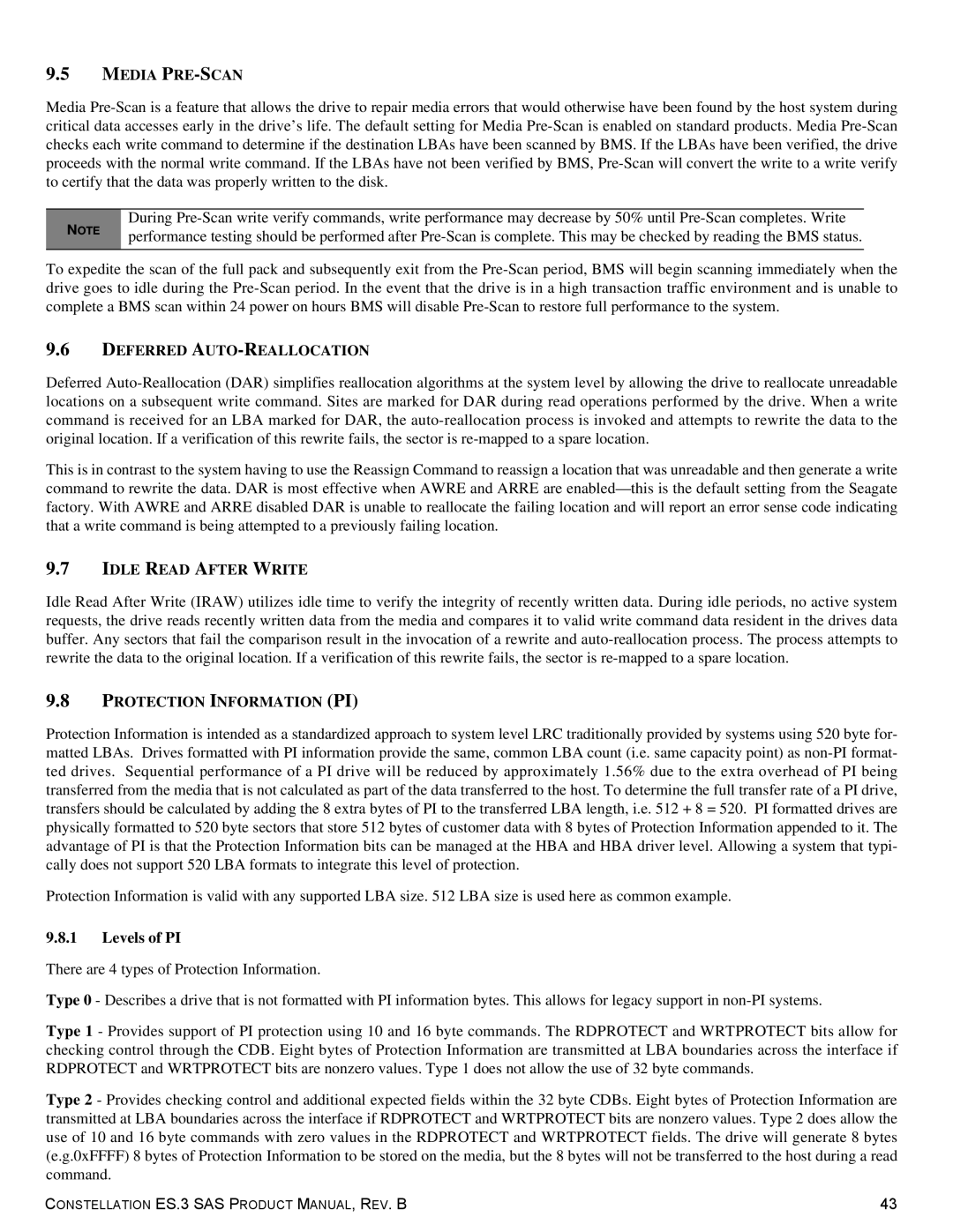 Seagate ST1000NM0033 manual Media PRE-SCAN, Deferred AUTO-REALLOCATION, Idle Read After Write, Protection Information PI 