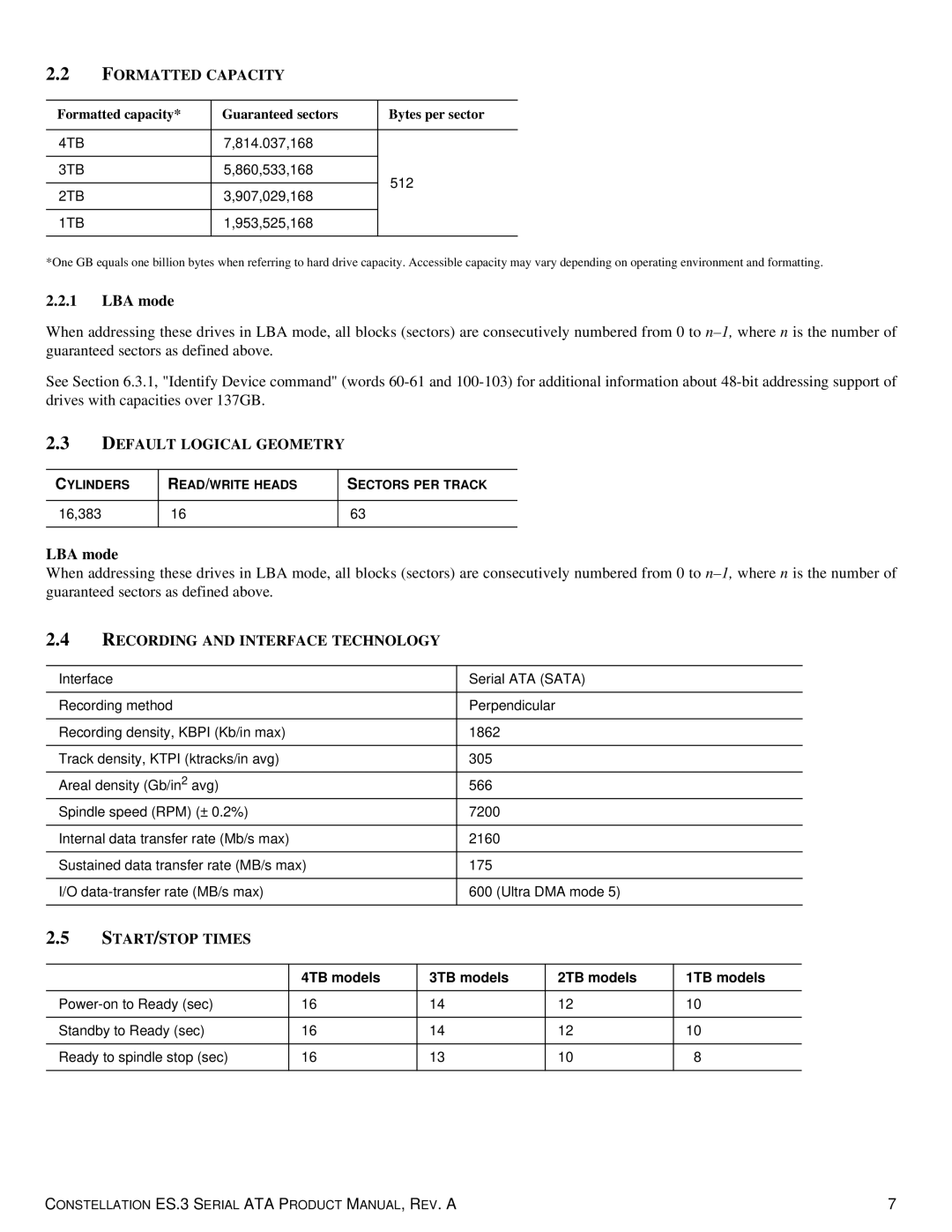 Seagate ST1000NM0033 manual Formatted Capacity, LBA mode, Default Logical Geometry, Recording and Interface Technology 