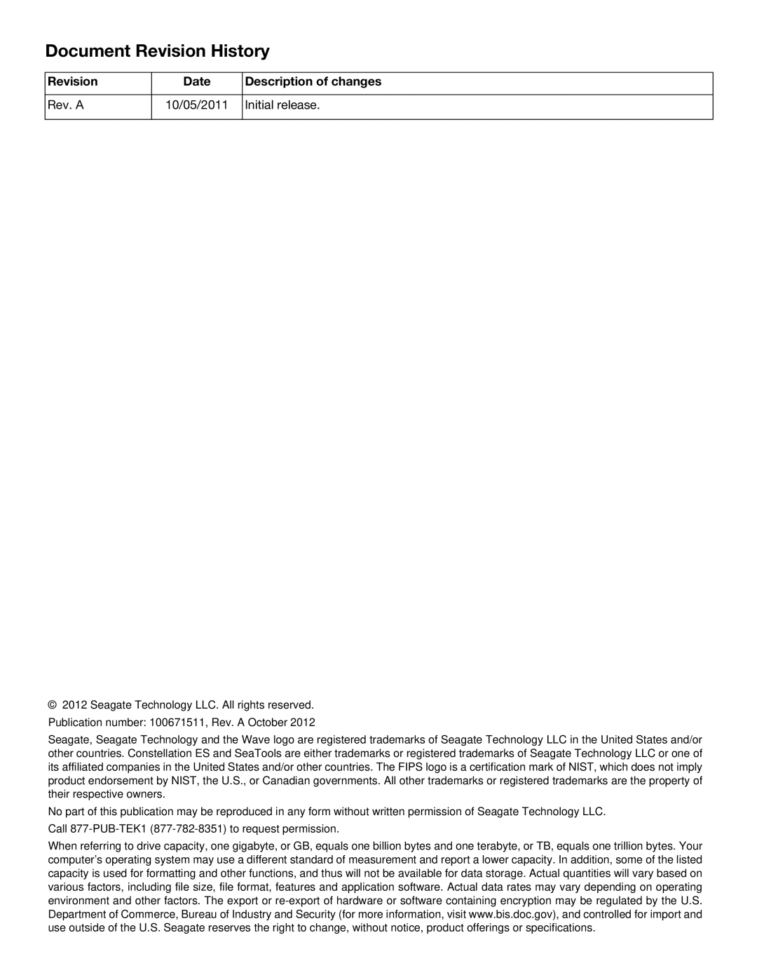 Seagate ST1000NM0033 manual Document Revision History 