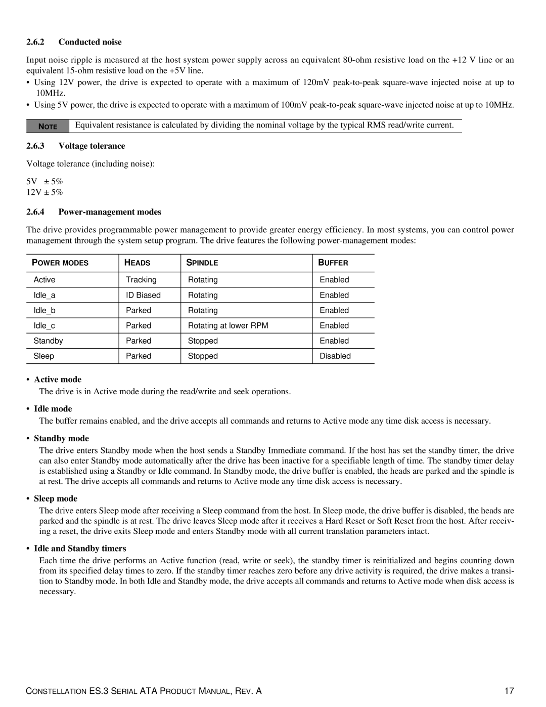 Seagate ST1000NM0033 manual Conducted noise, Voltage tolerance, Power-management modes, Active mode, Idle mode, Sleep mode 