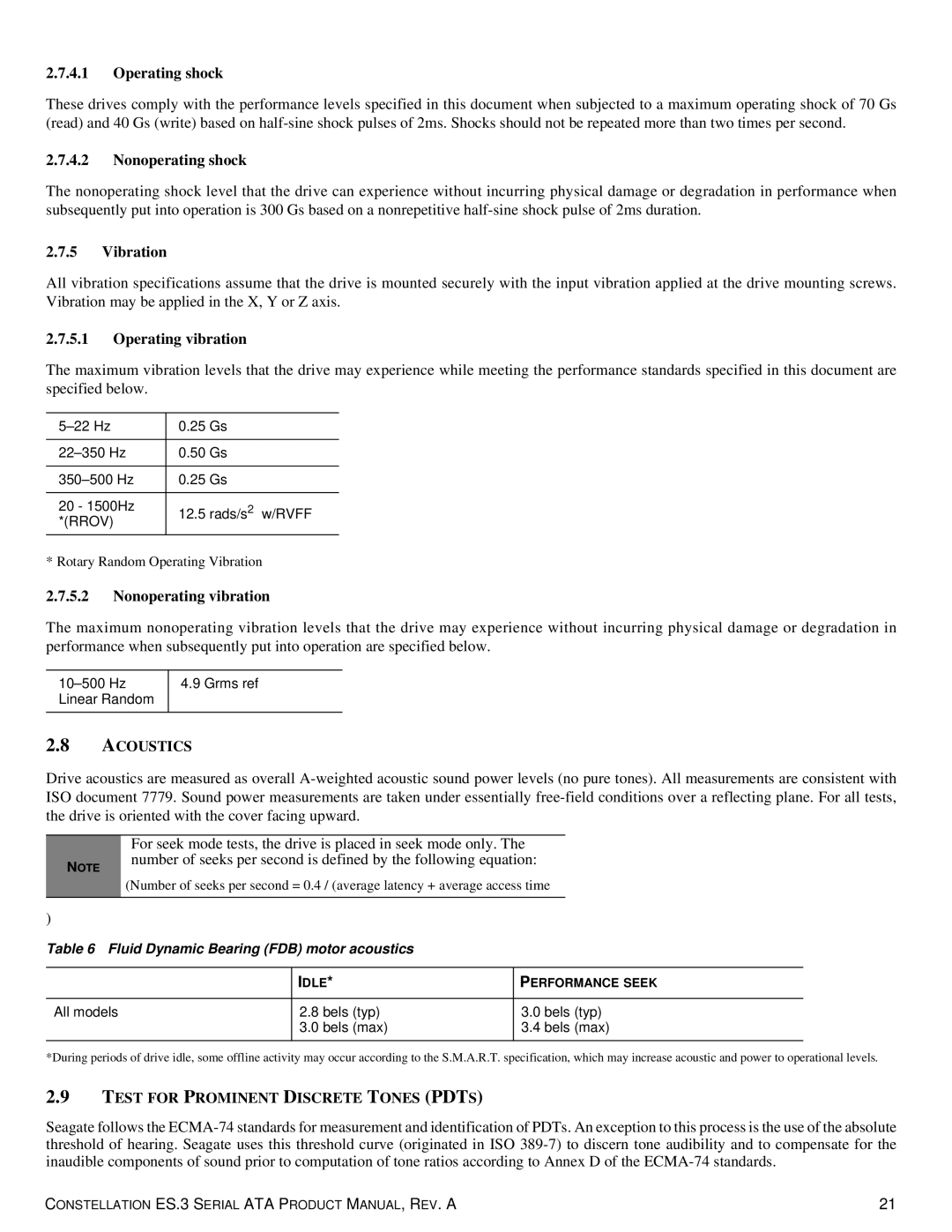 Seagate ST1000NM0033 manual Acoustics, Test for Prominent Discrete Tones Pdts 