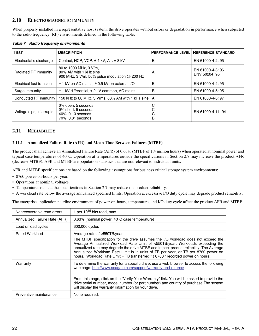 Seagate ST1000NM0033 manual Electromagnetic Immunity, Reliability, Radio frequency environments 