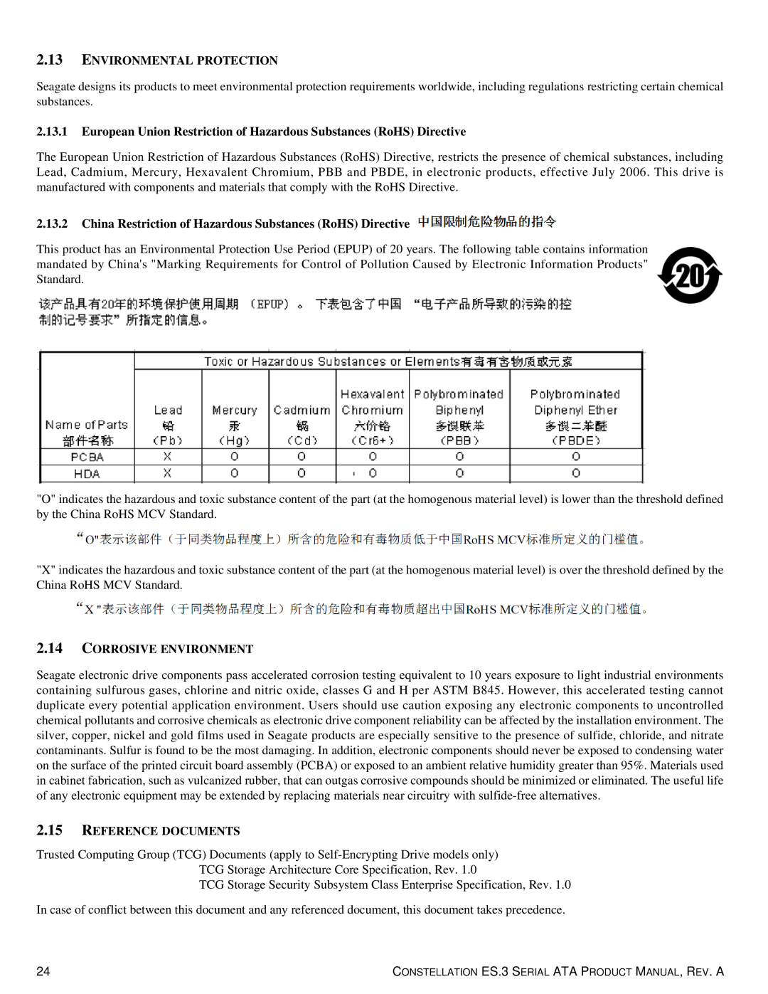 Seagate ST1000NM0033 manual Environmental Protection, China Restriction of Hazardous Substances RoHS Directive 