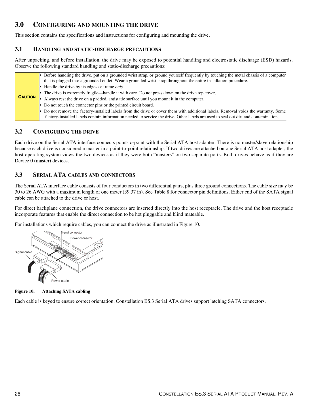 Seagate ST1000NM0033 Handling and STATIC-DISCHARGE Precautions, Configuring the Drive, Serial ATA Cables and Connectors 