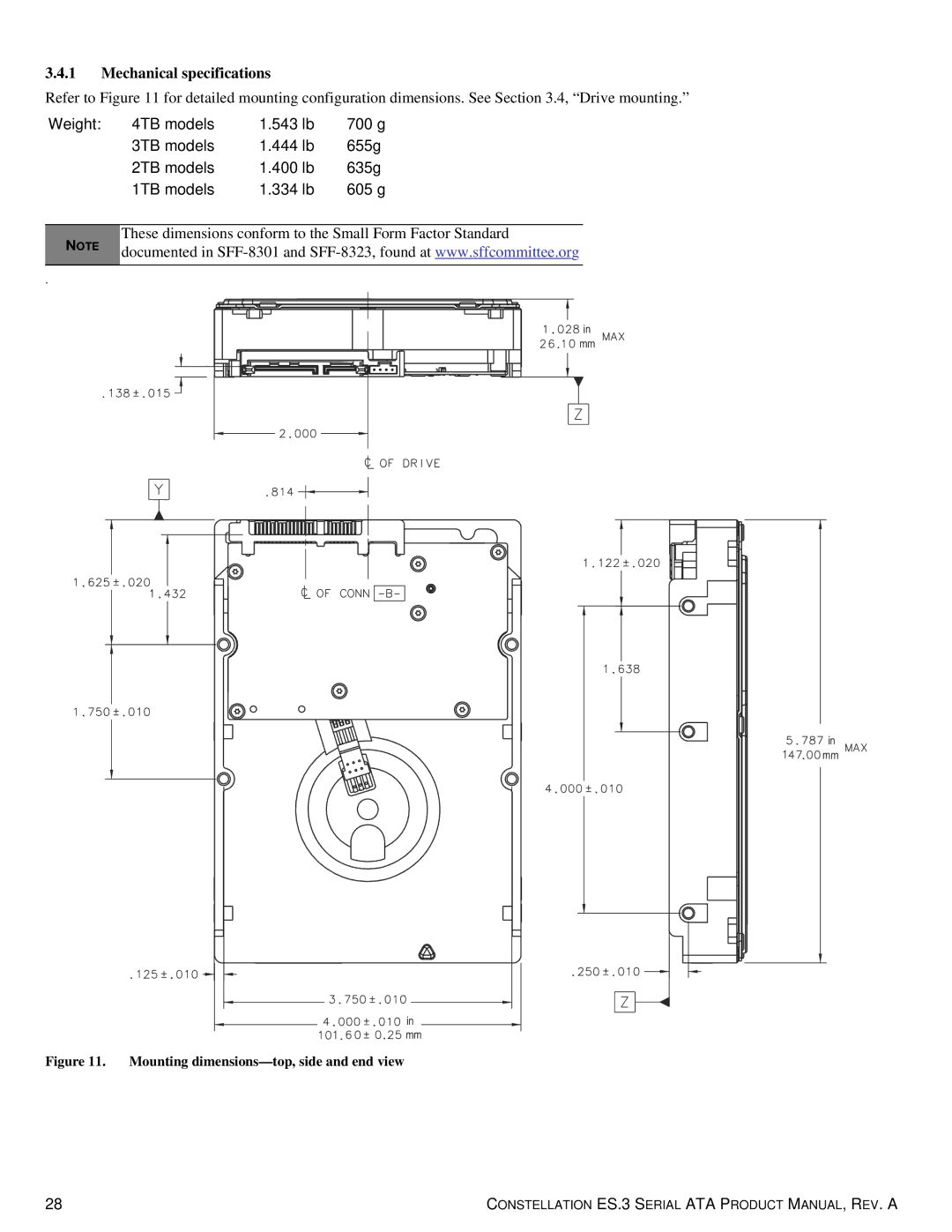 Seagate ST1000NM0033 manual Mechanical specifications, Mounting dimensions-top, side and end view 