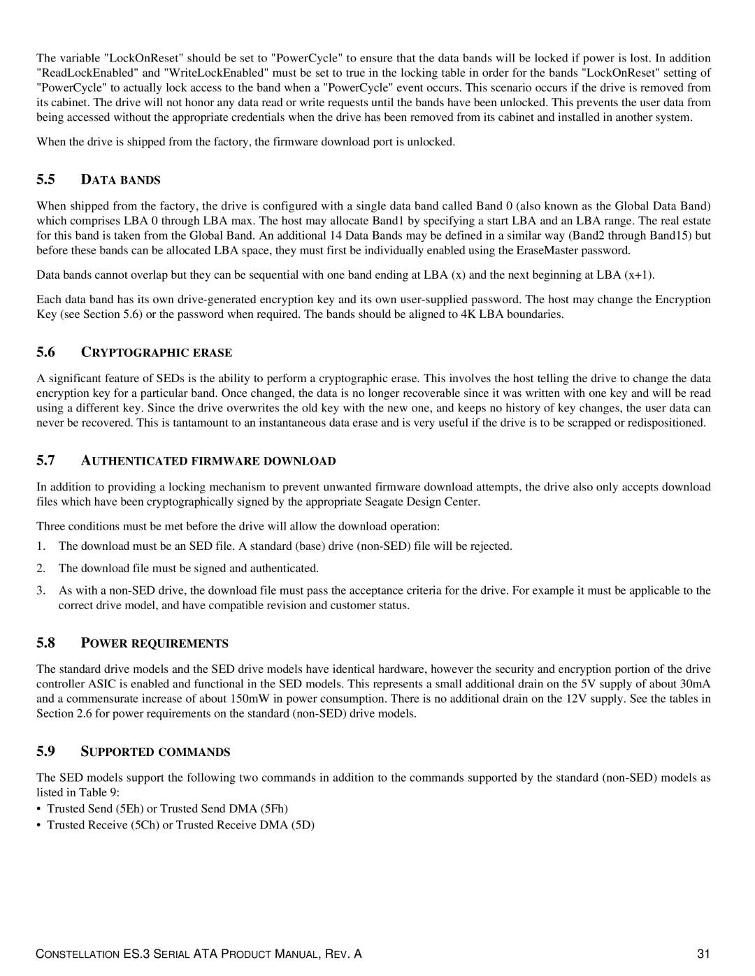 Seagate ST1000NM0033 manual Data Bands, Cryptographic Erase, Authenticated Firmware Download, Power Requirements 