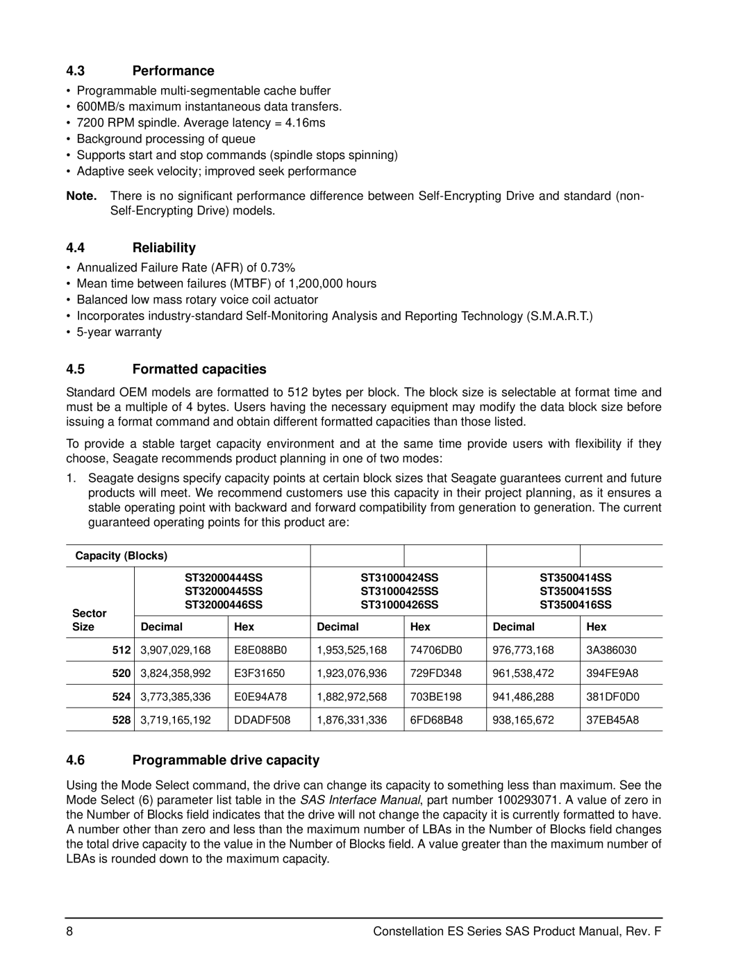 Seagate ST4000NM0053, ST1000NM0063 manual Performance, Reliability, Formatted capacities, Programmable drive capacity 