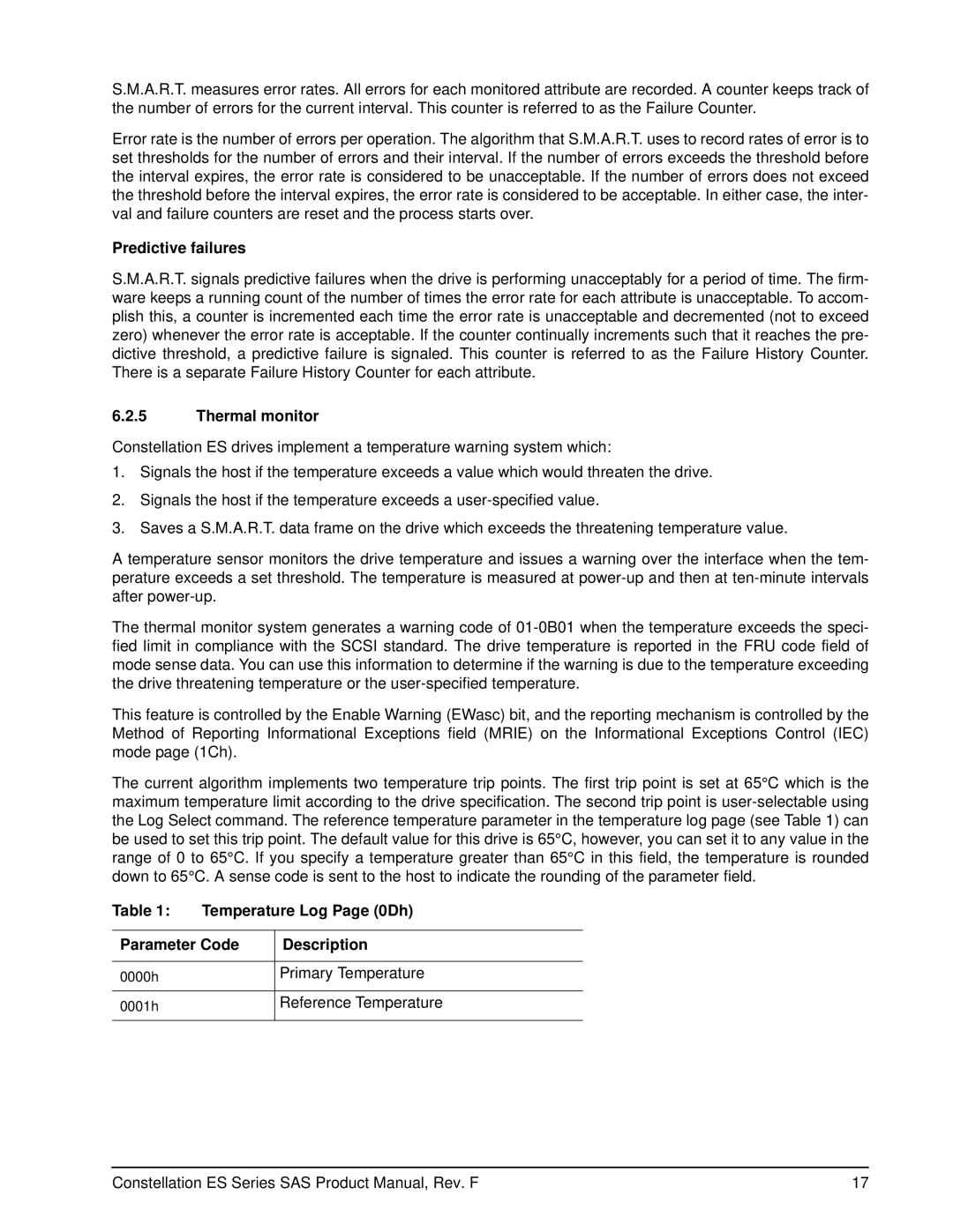 Seagate ST2000NM0053 manual Predictive failures, Thermal monitor, Temperature Log Page 0Dh Parameter Code Description 