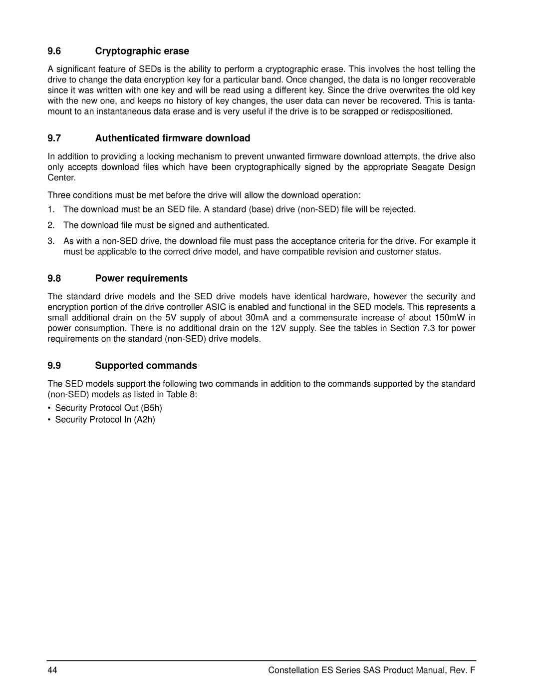 Seagate ST32000645NS manual Cryptographic erase, Authenticated firmware download, Power requirements, Supported commands 