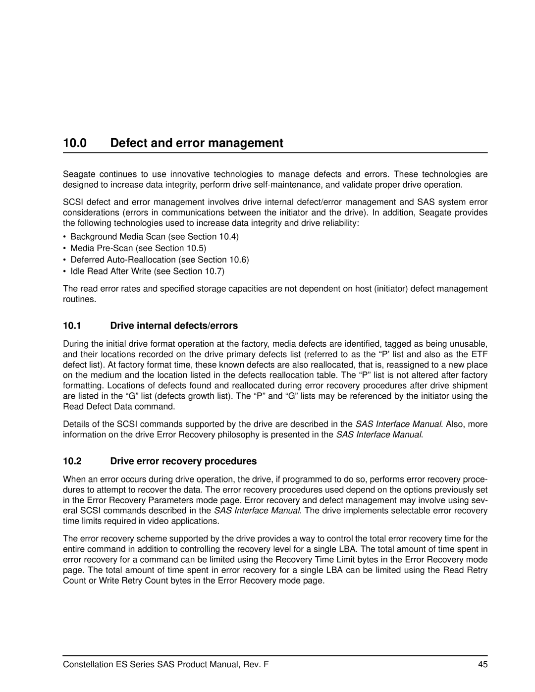 Seagate ST32000646NS manual Defect and error management, Drive internal defects/errors, Drive error recovery procedures 