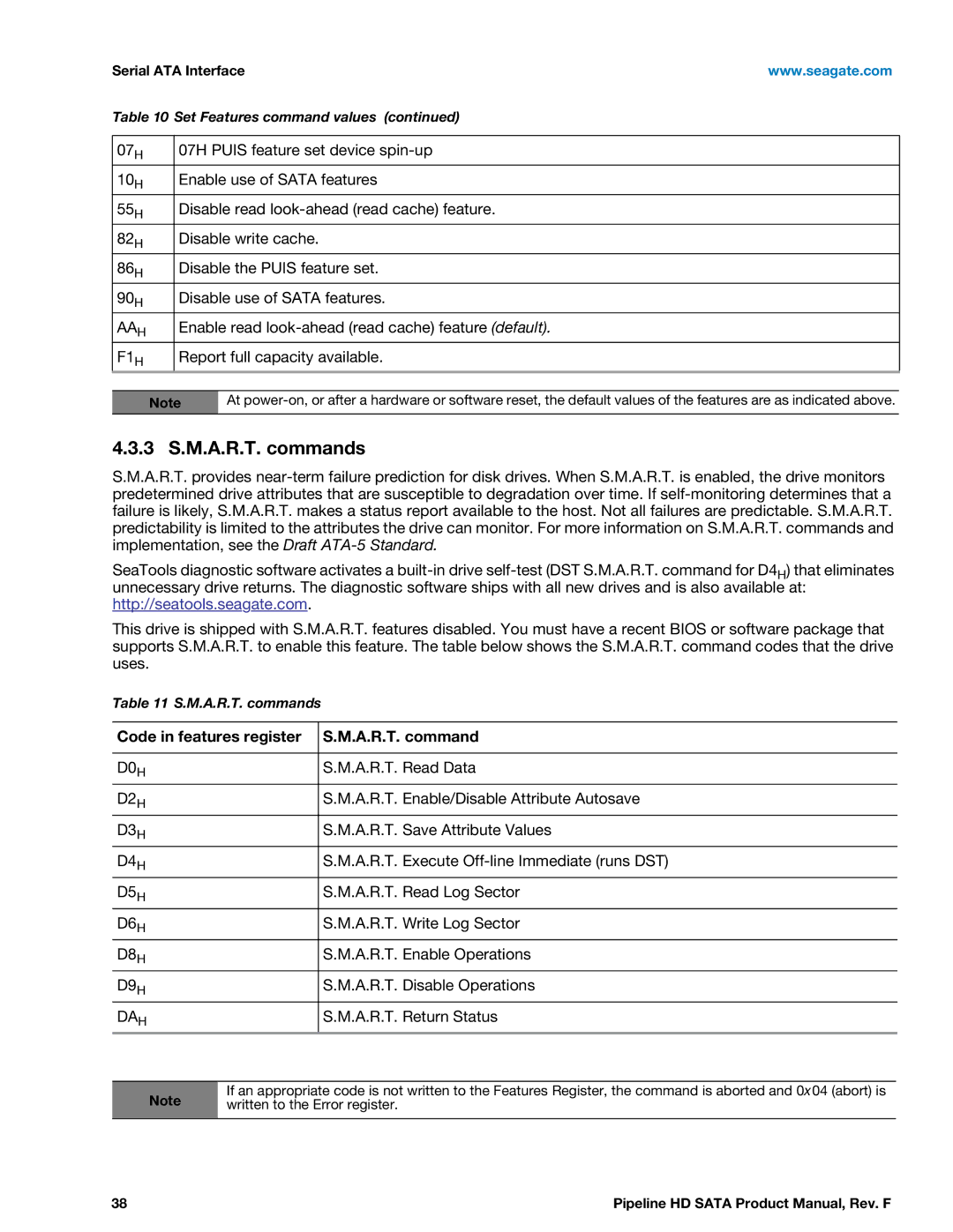 Seagate 100633414, ST1000VM002, ST2000VM003 manual A.R.T. commands, Code in features register A.R.T. command 