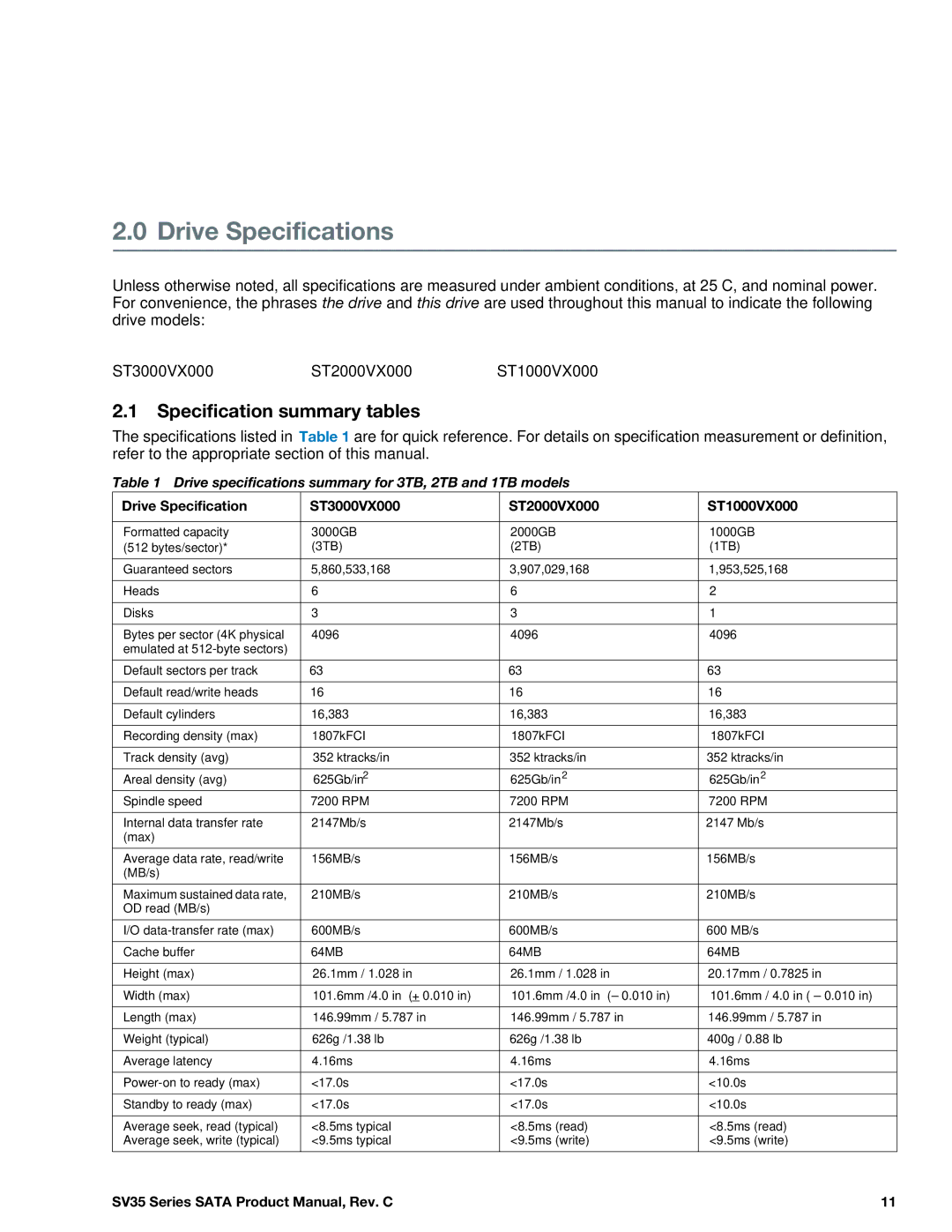 Seagate ST3000VX000, ST1000VX000, ST2000VX000 manual Drive Specifications, Specification summary tables 