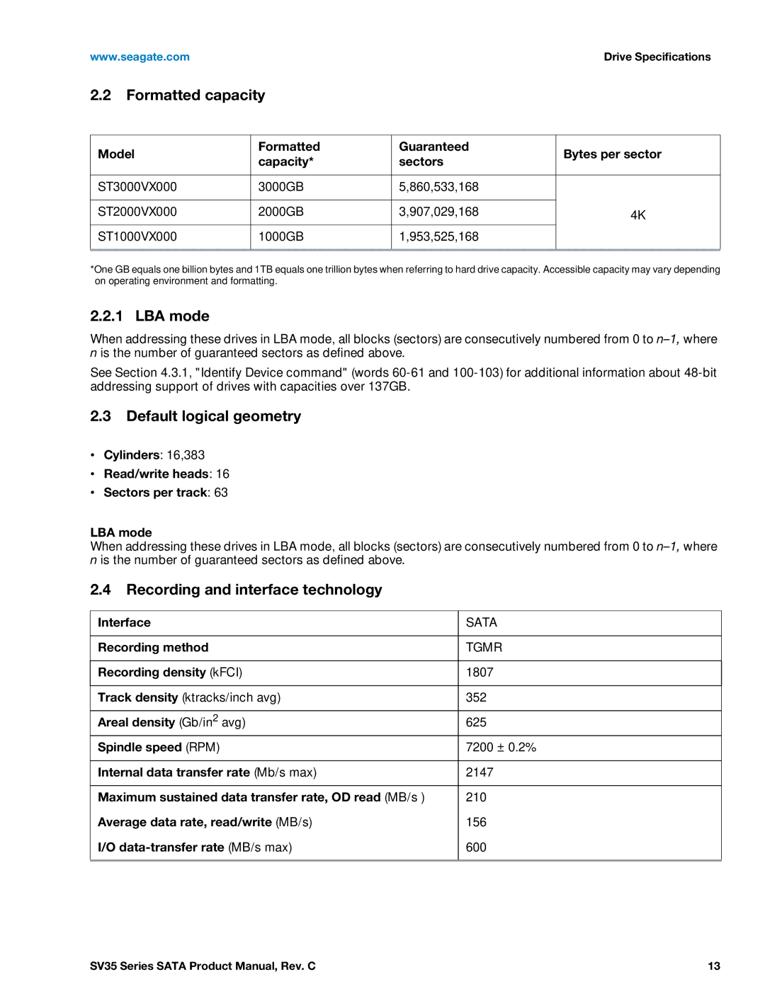 Seagate ST2000VX000 manual Formatted capacity, LBA mode, Default logical geometry, Recording and interface technology 