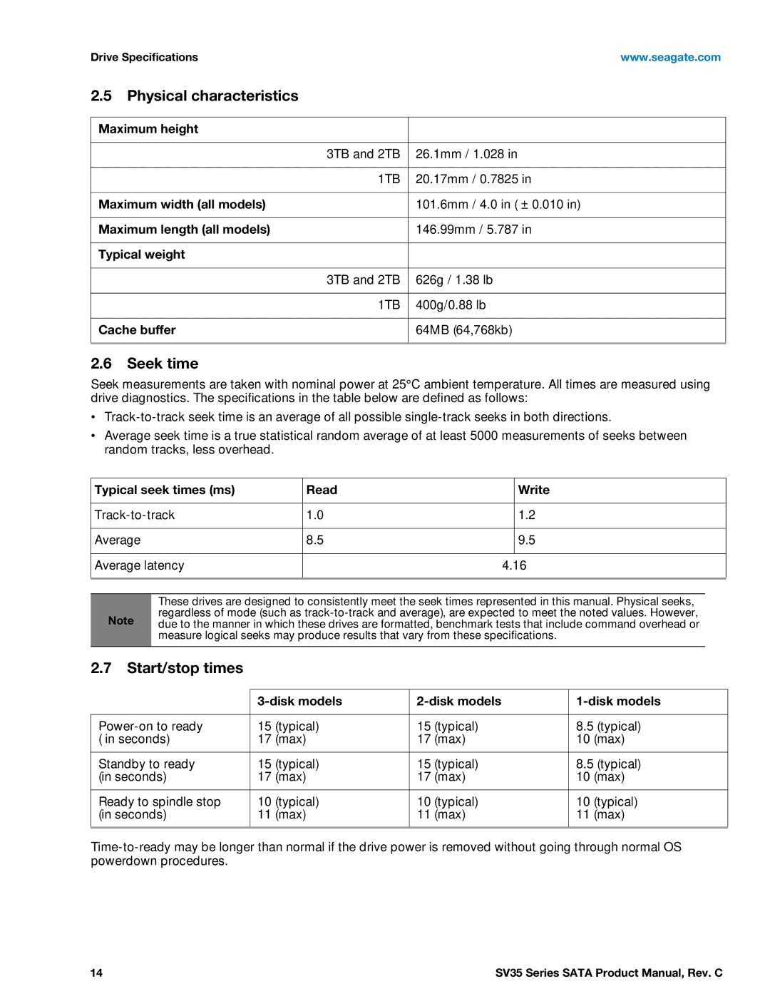 Seagate ST3000VX000, ST1000VX000, ST2000VX000 manual Physical characteristics, Seek time, Start/stop times 