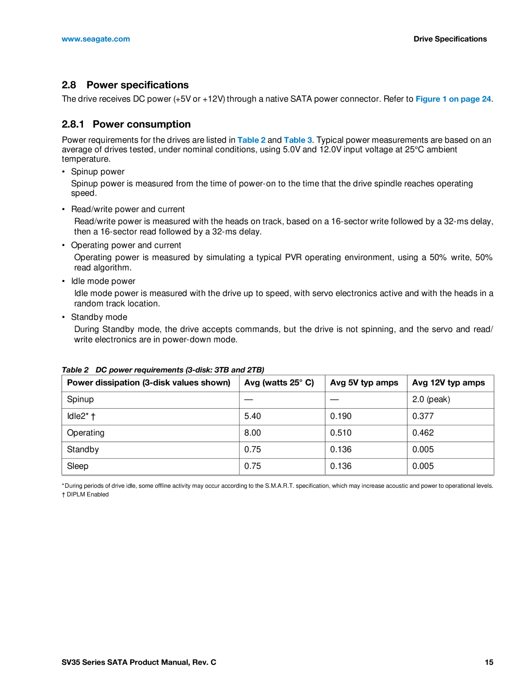 Seagate ST1000VX000, ST2000VX000, ST3000VX000 manual Power specifications, Power consumption 