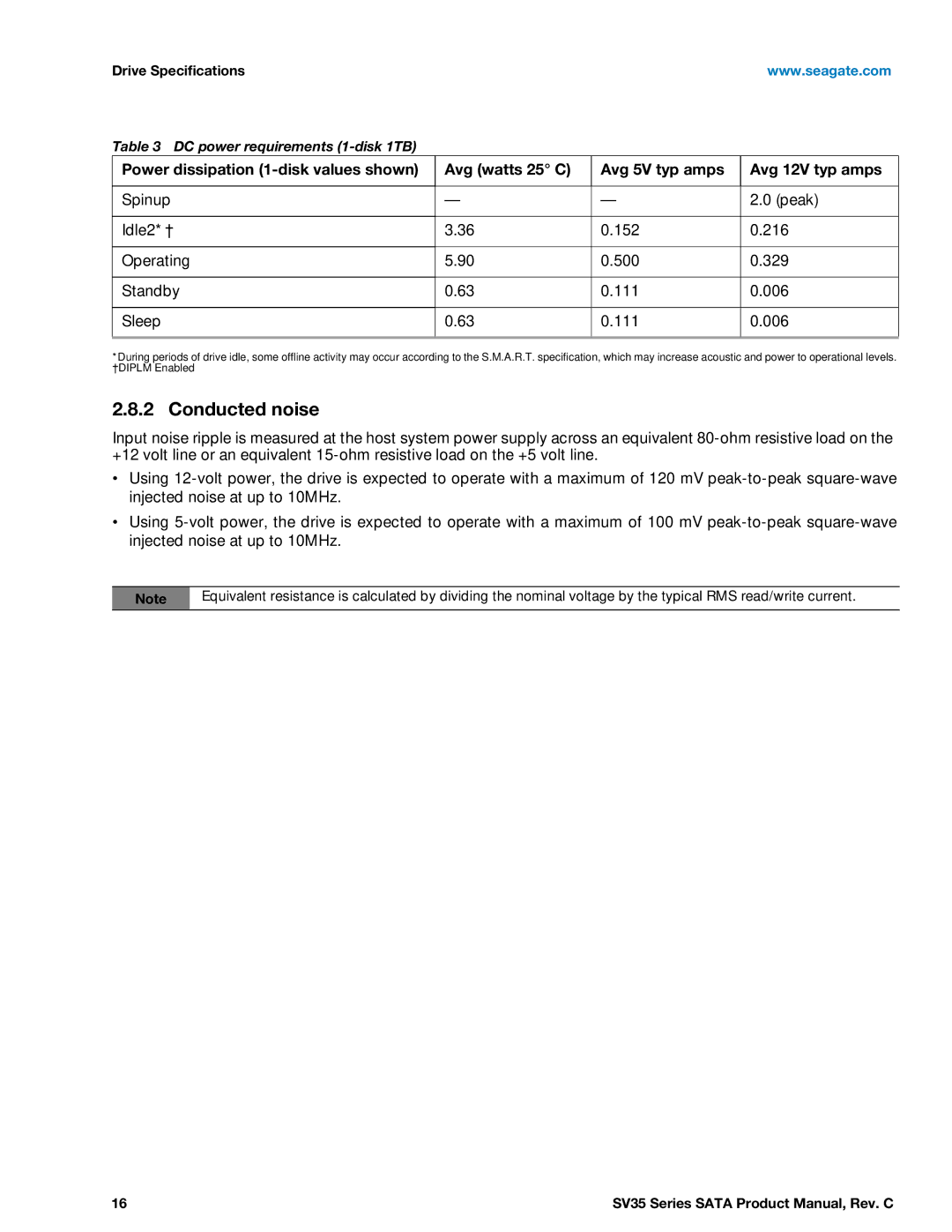 Seagate ST2000VX000, ST1000VX000, ST3000VX000 manual Conducted noise 