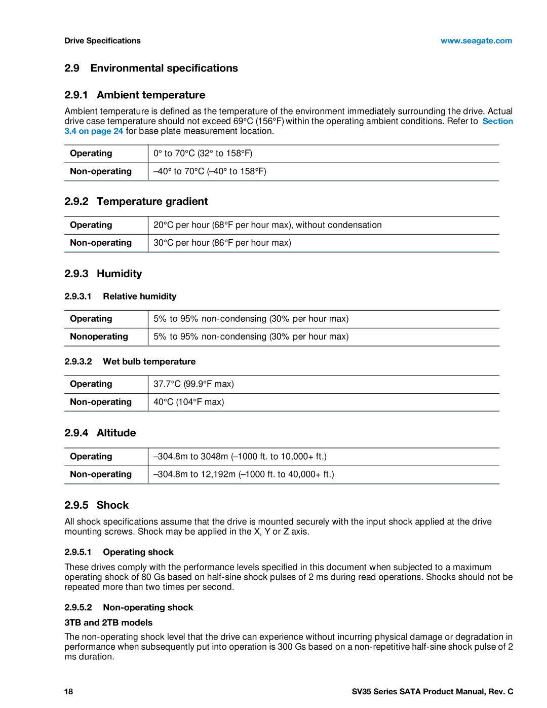 Seagate ST1000VX000 Environmental specifications Ambient temperature, Temperature gradient, Humidity, Altitude, Shock 