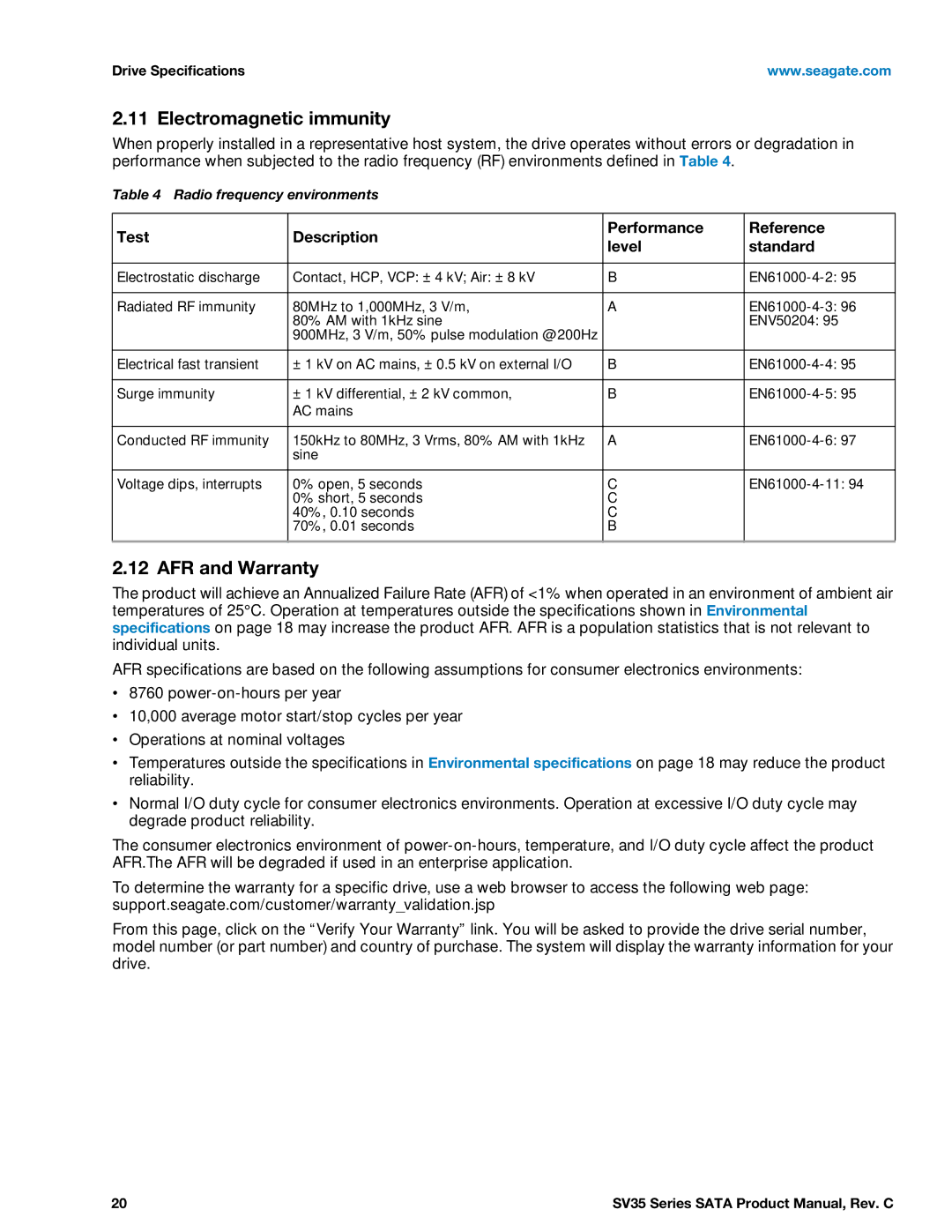 Seagate ST3000VX000 Electromagnetic immunity, AFR and Warranty, Test Description Performance Reference Level Standard 