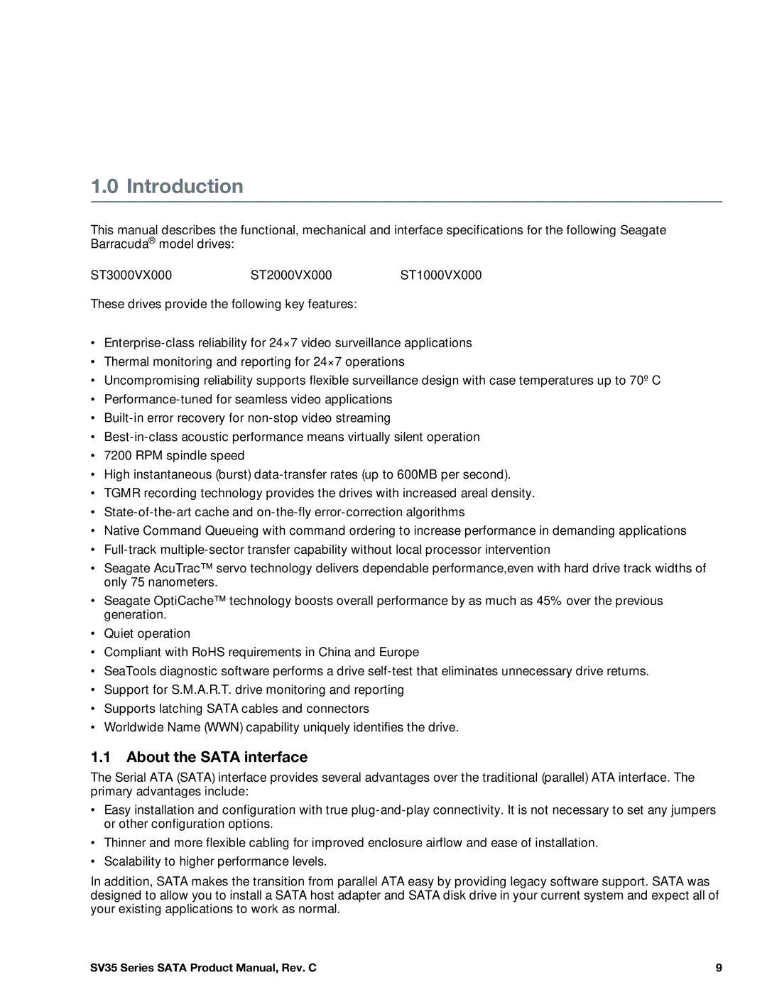 Seagate ST1000VX000, ST2000VX000, ST3000VX000 manual Introduction, About the Sata interface 
