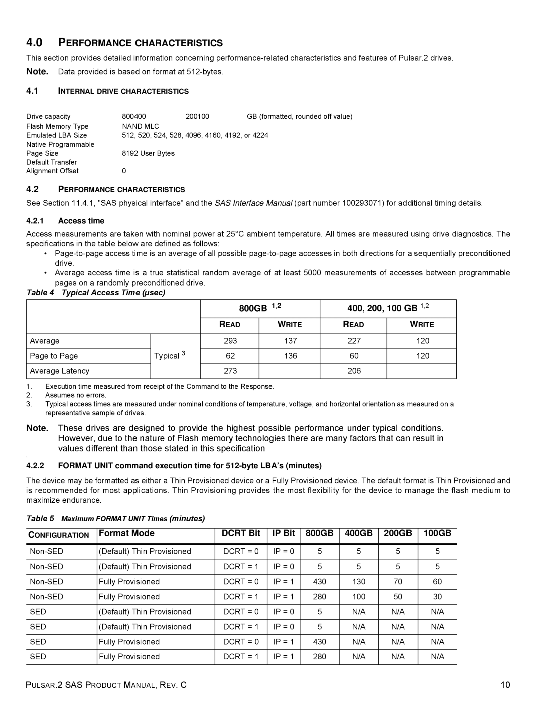 Seagate ST200FM0002 Performance Characteristics, 800GB 1,2 400, 200, 100 GB 1,2, Access time, Typical Access Time μsec 