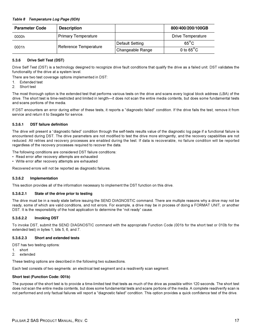 Seagate ST400FM0002, ST100FM0012, ST100FM0052 manual Parameter Code Description 800/400/200/100GB, Temperature Log Page 0Dh 