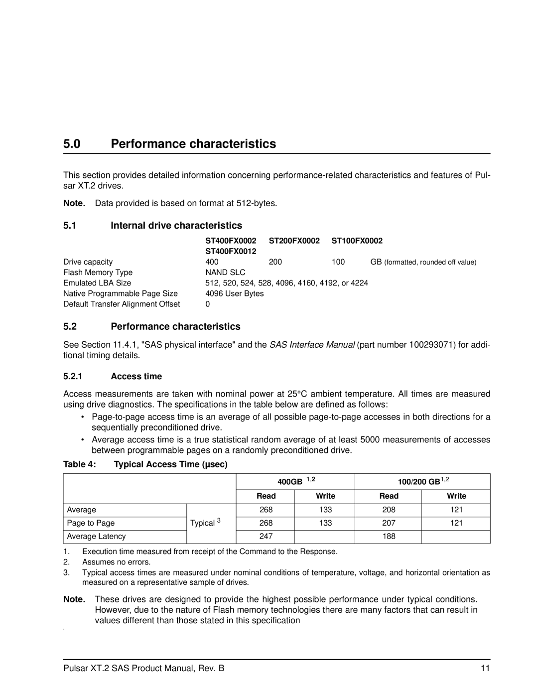 Seagate ST400FX0002 Performance characteristics, Internal drive characteristics, Access time, Typical Access Time µsec 