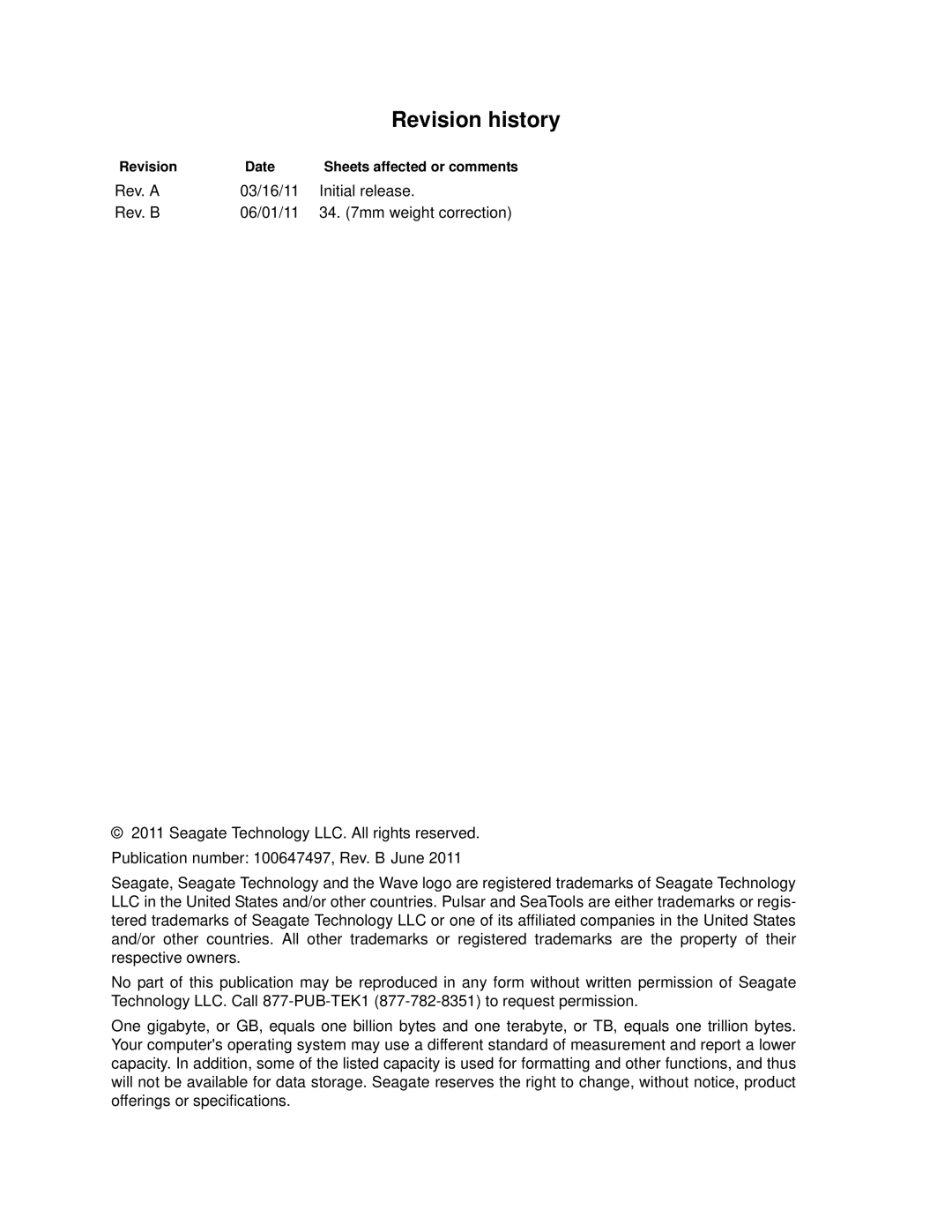 Seagate ST400FX0012, ST100FX0002, ST200FX0002, ST400FX0002 manual Revision history 