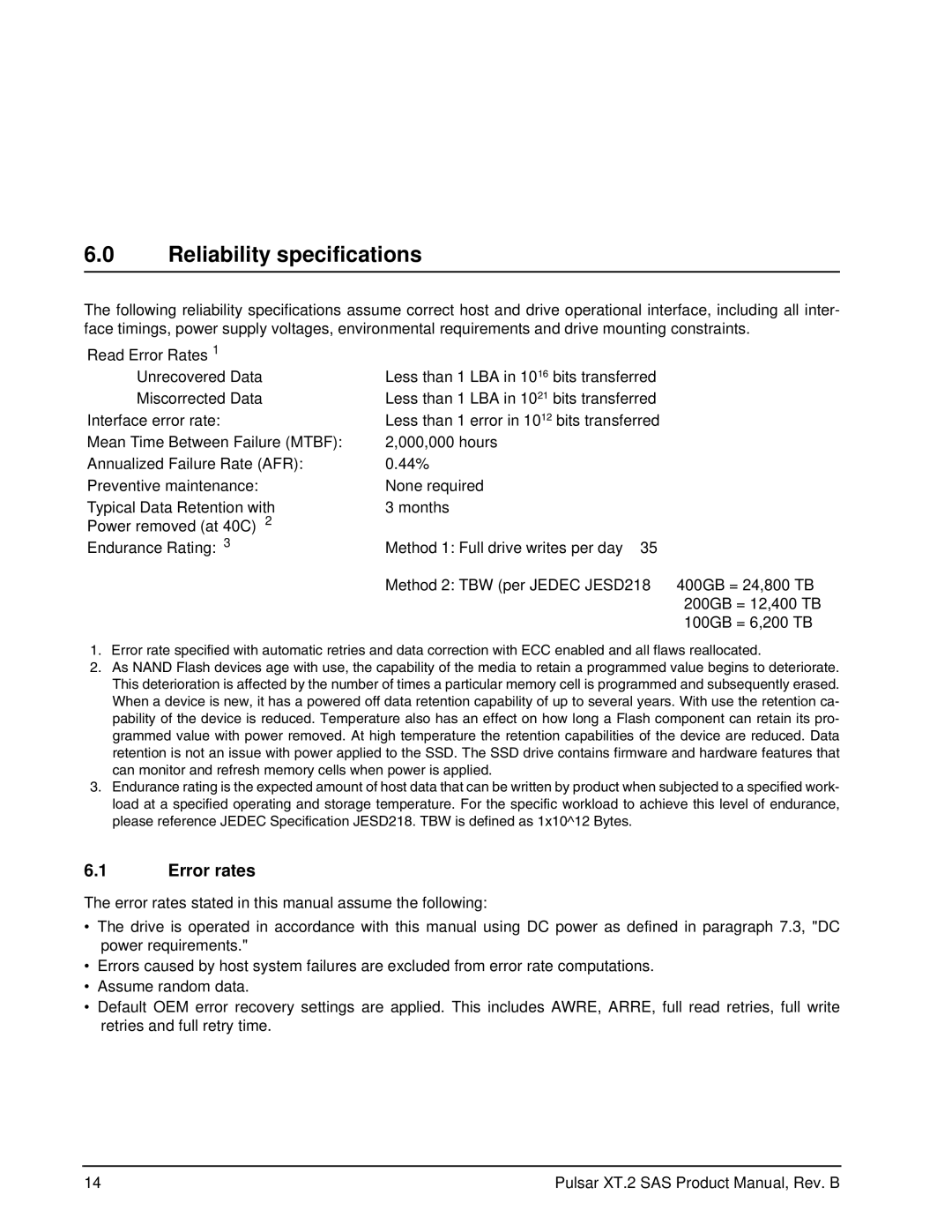 Seagate ST400FX0012, ST100FX0002, ST200FX0002, ST400FX0002 manual Reliability specifications, Error rates 