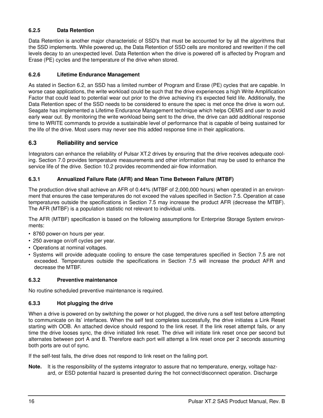 Seagate ST100FX0002 manual Reliability and service, Data Retention, Lifetime Endurance Management, Preventive maintenance 