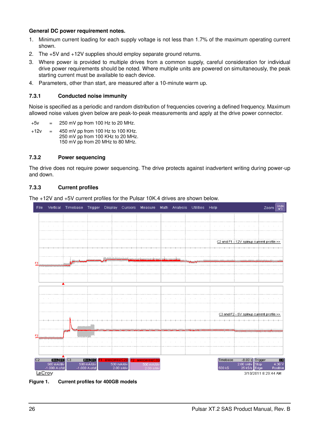 Seagate ST400FX0012 manual General DC power requirement notes, Conducted noise immunity, Power sequencing, Current profiles 