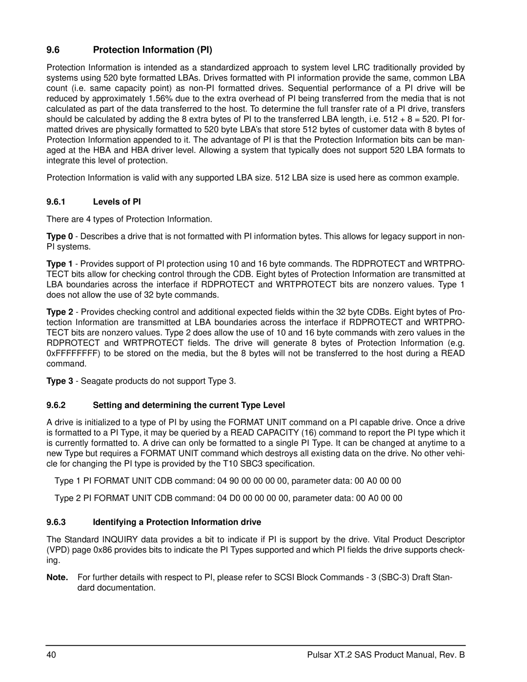 Seagate ST100FX0002, ST200FX0002 Protection Information PI, Levels of PI, Setting and determining the current Type Level 