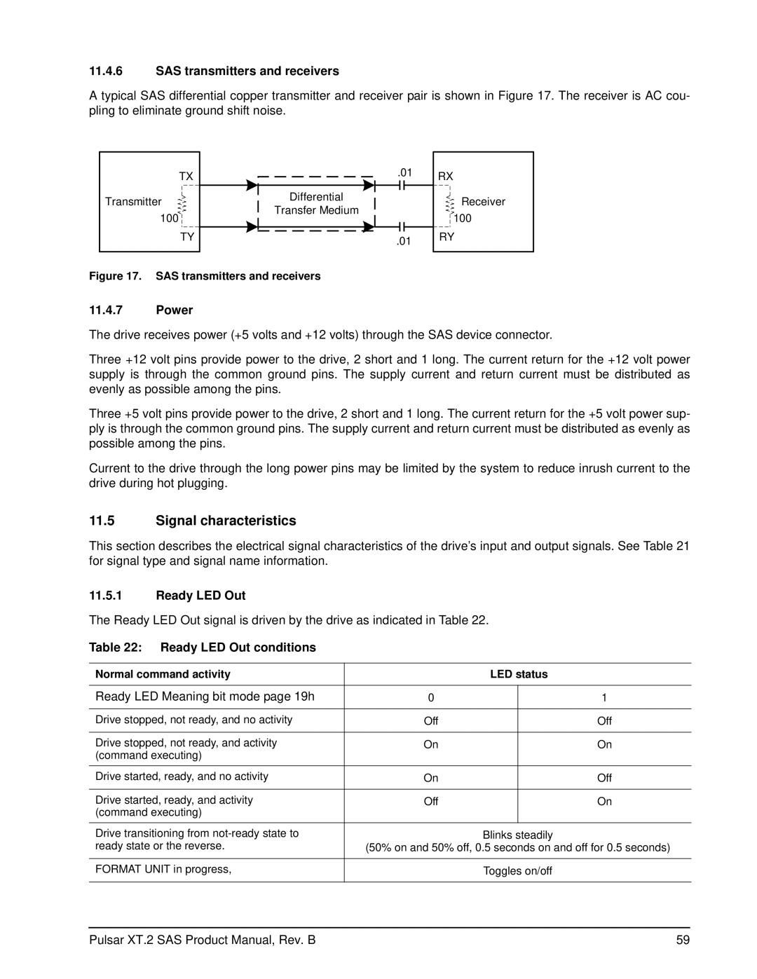 Seagate ST400FX0002 manual Signal characteristics, SAS transmitters and receivers, Power, Ready LED Out conditions 