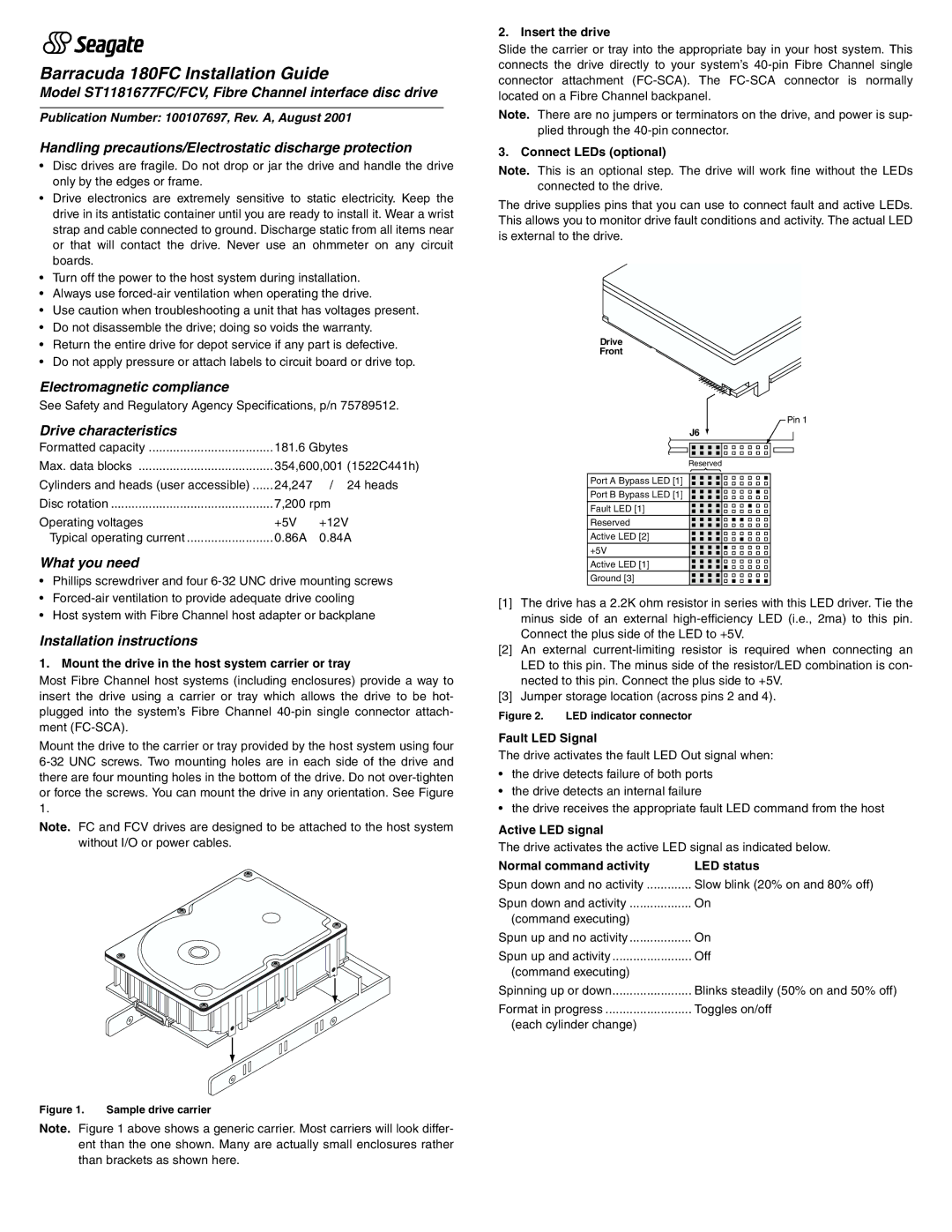 Seagate installation instructions Model ST1181677FC/FCV, Fibre Channel interface disc drive, Electromagnetic compliance 