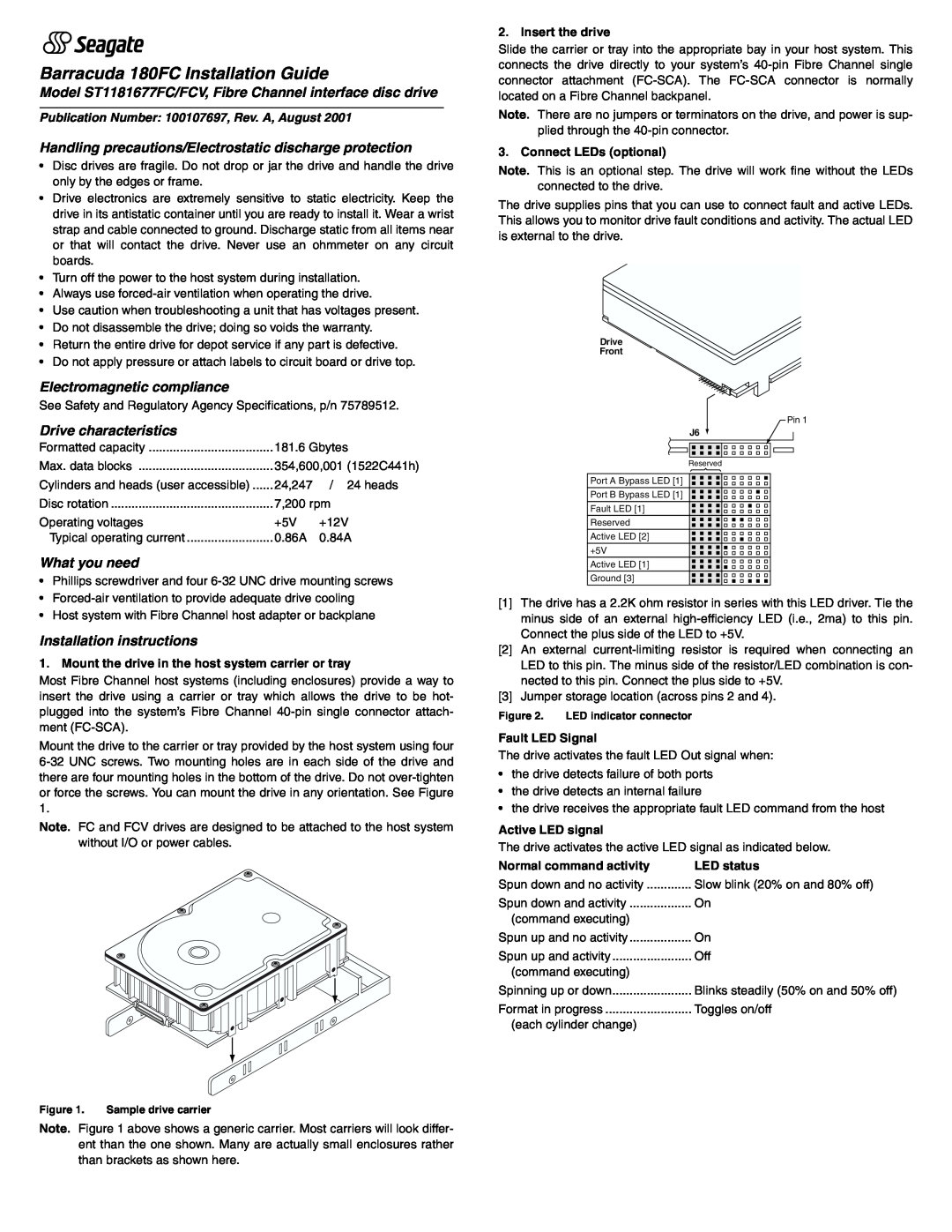 Seagate installation instructions Model ST1181677FC/FCV, Fibre Channel interface disc drive, Electromagnetic compliance 