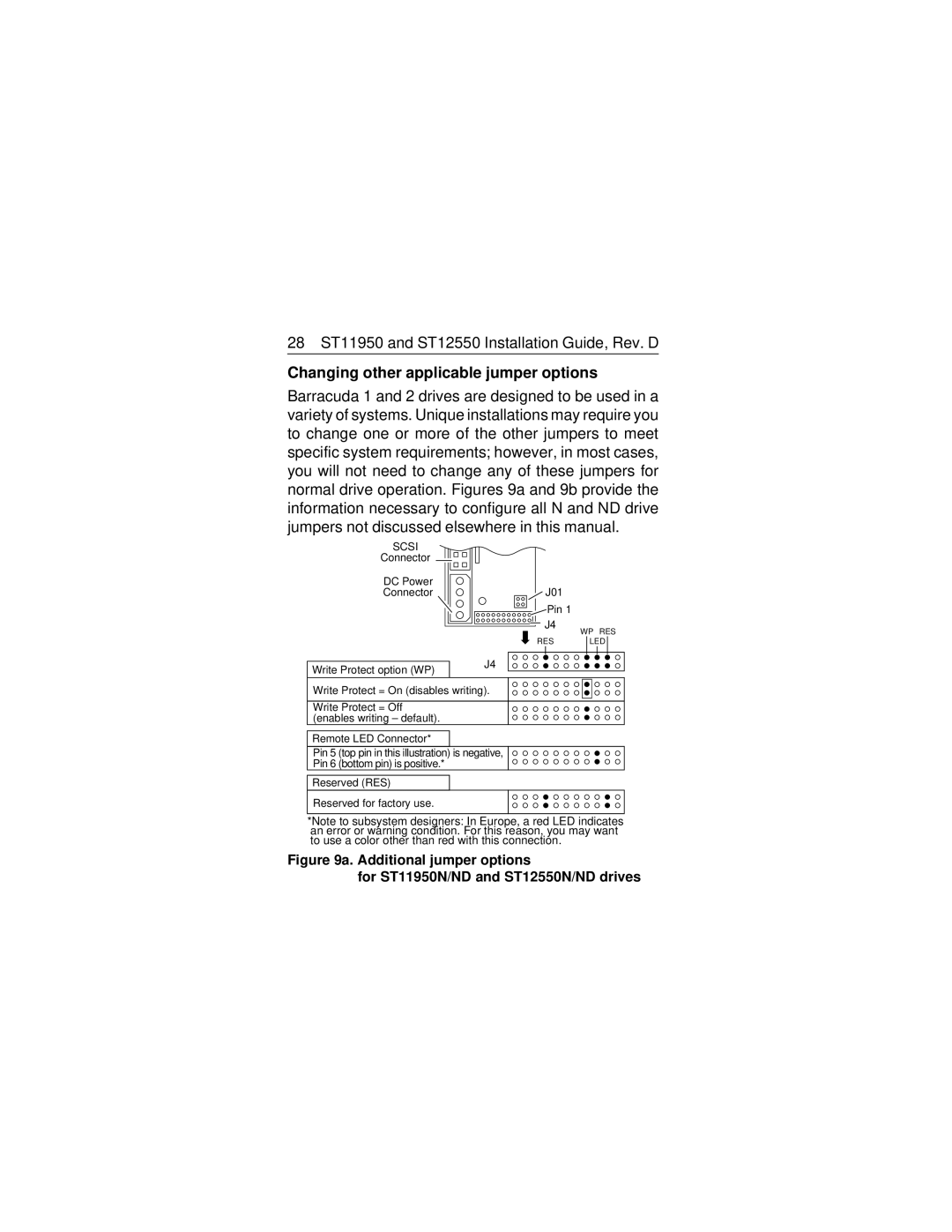 Seagate ST11950N/ND/W/WD manual 28 ST11950 and ST12550 Installation Guide, Rev. D, Changing other applicable jumper options 