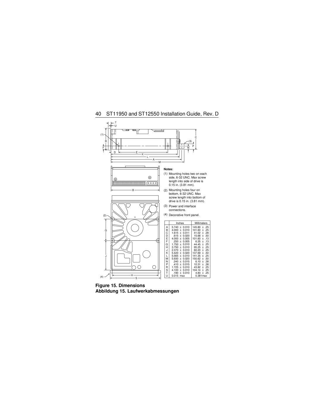 Seagate ST11950N/ND/W/WD 40 ST11950 and ST12550 Installation Guide, Rev. D, Dimensions Abbildung 15. Laufwerkabmessungen 