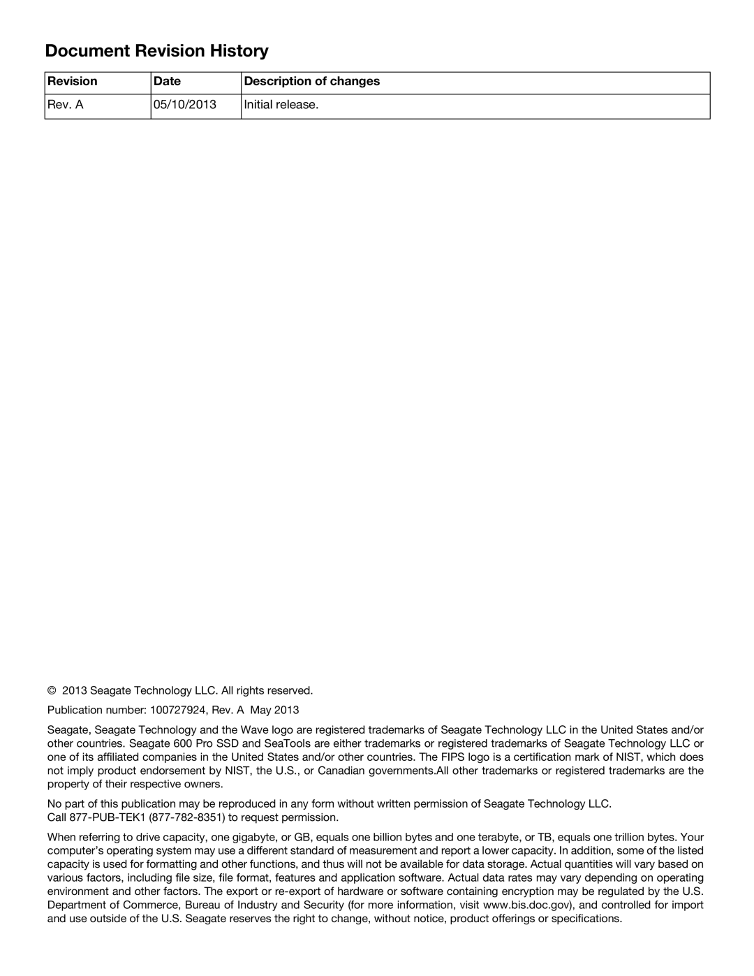 Seagate ST100FP0001, ST120FP0001, ST100FP0021, ST120FP0021, ST200FP0001, ST200FP0021, ST240FP0001 Document Revision History 