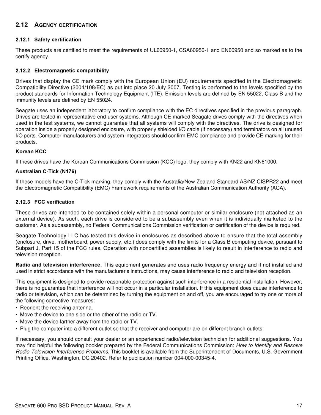 Seagate ST480FP0021, ST120FP0001, ST100FP0021, ST100FP0001, ST120FP0021, ST200FP0001, ST200FP0021 manual Agency Certification 