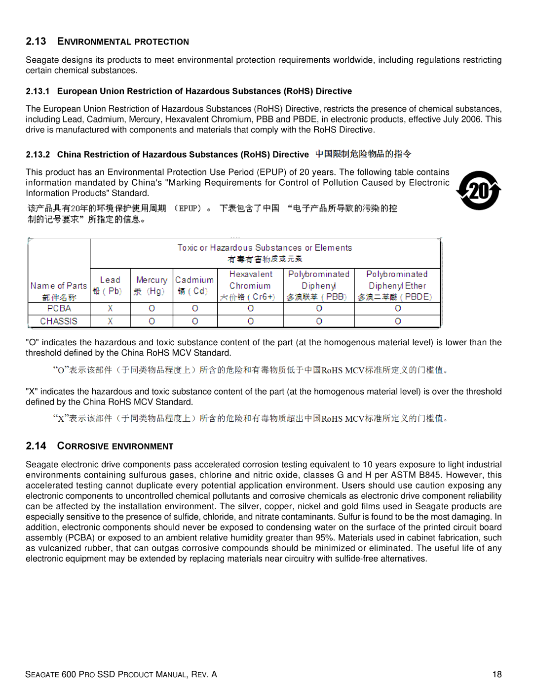 Seagate ST400FP0021, ST120FP0001 manual Environmental Protection, China Restriction of Hazardous Substances RoHS Directive 