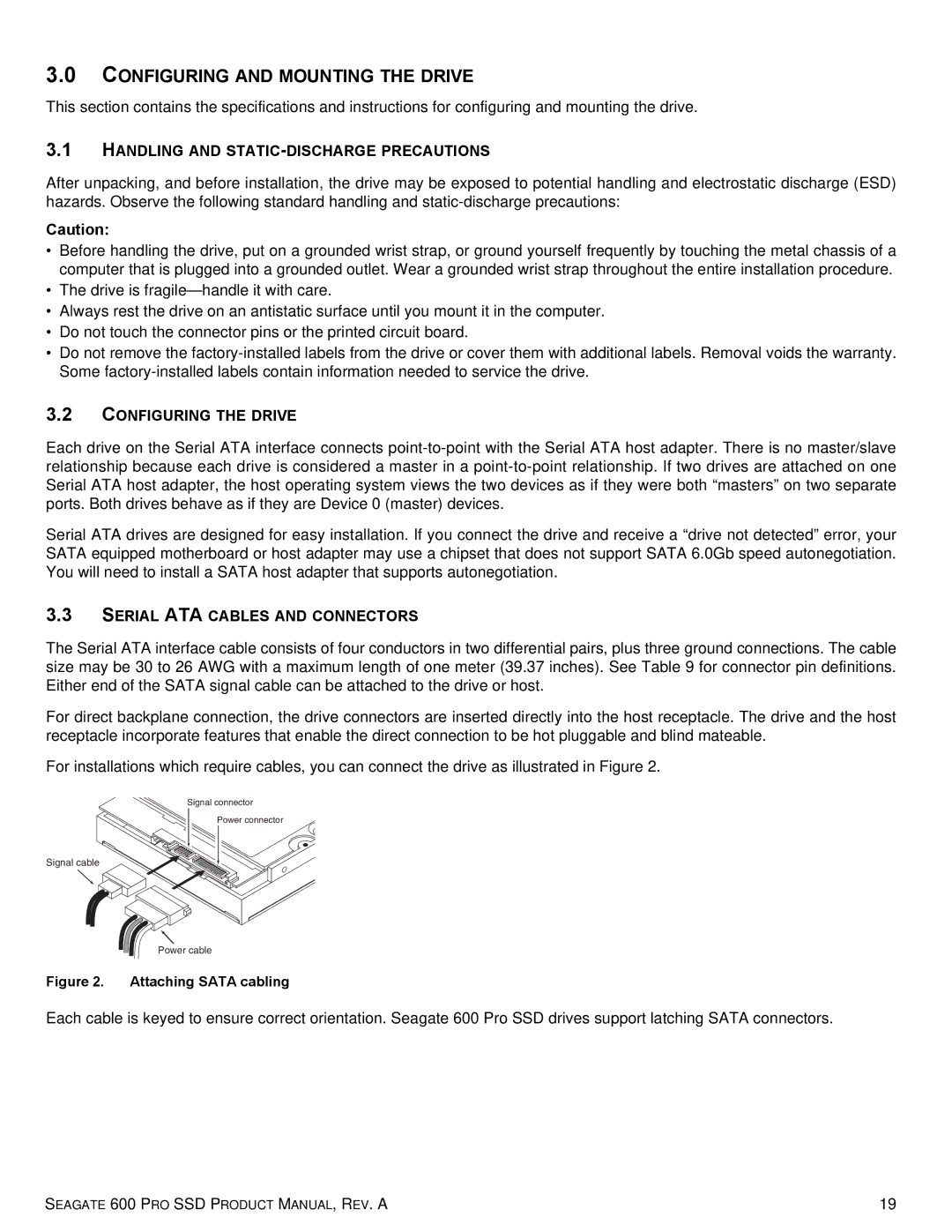 Seagate ST400FP0001 Handling and STATIC-DISCHARGE Precautions, Configuring the Drive, Serial ATA Cables and Connectors 